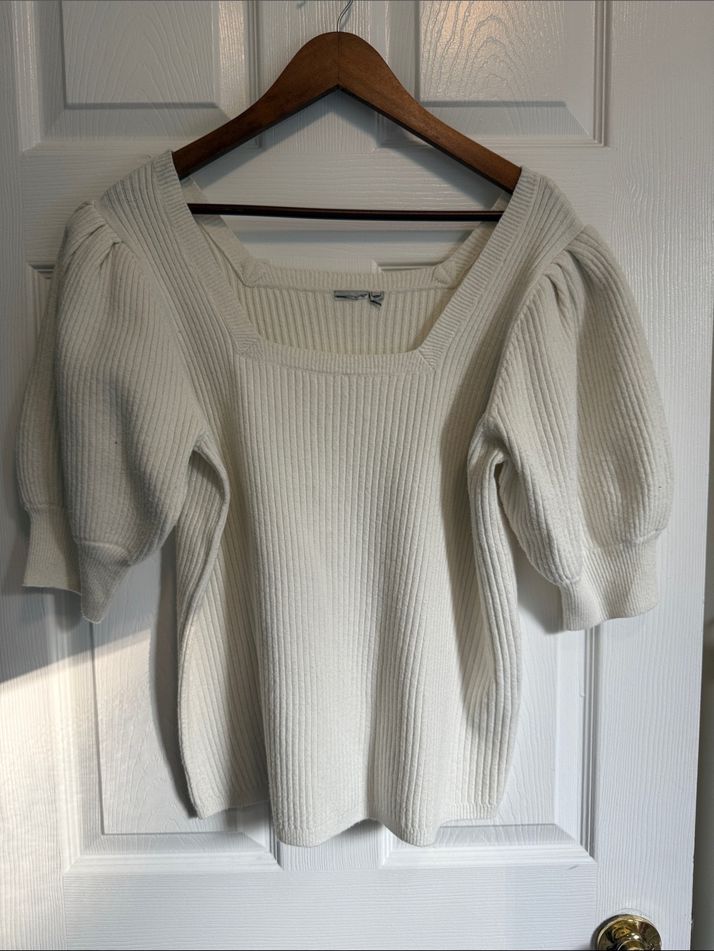 Cream Ribbed Square-Neck Puff Sleeve Sweater Top